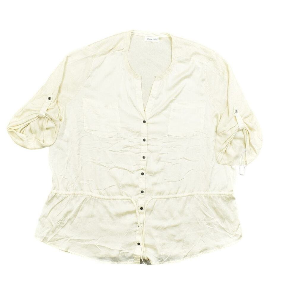 Calvin Klein Beige Button-Up Top 3X Plus Polyester Knit Roll Up Sleeves Sweater